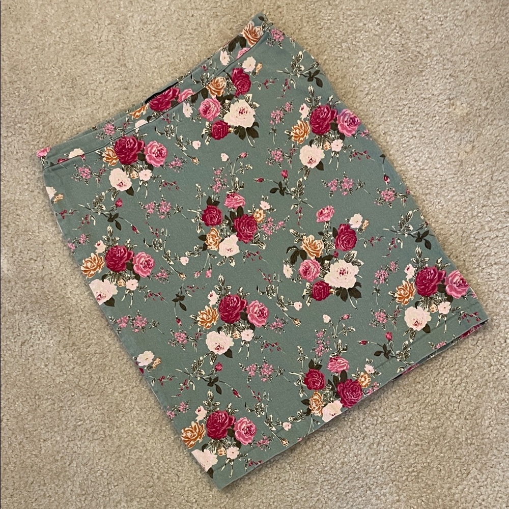 Mikarose Sage Green Floral Pencil Skirt with Pink Rose Print